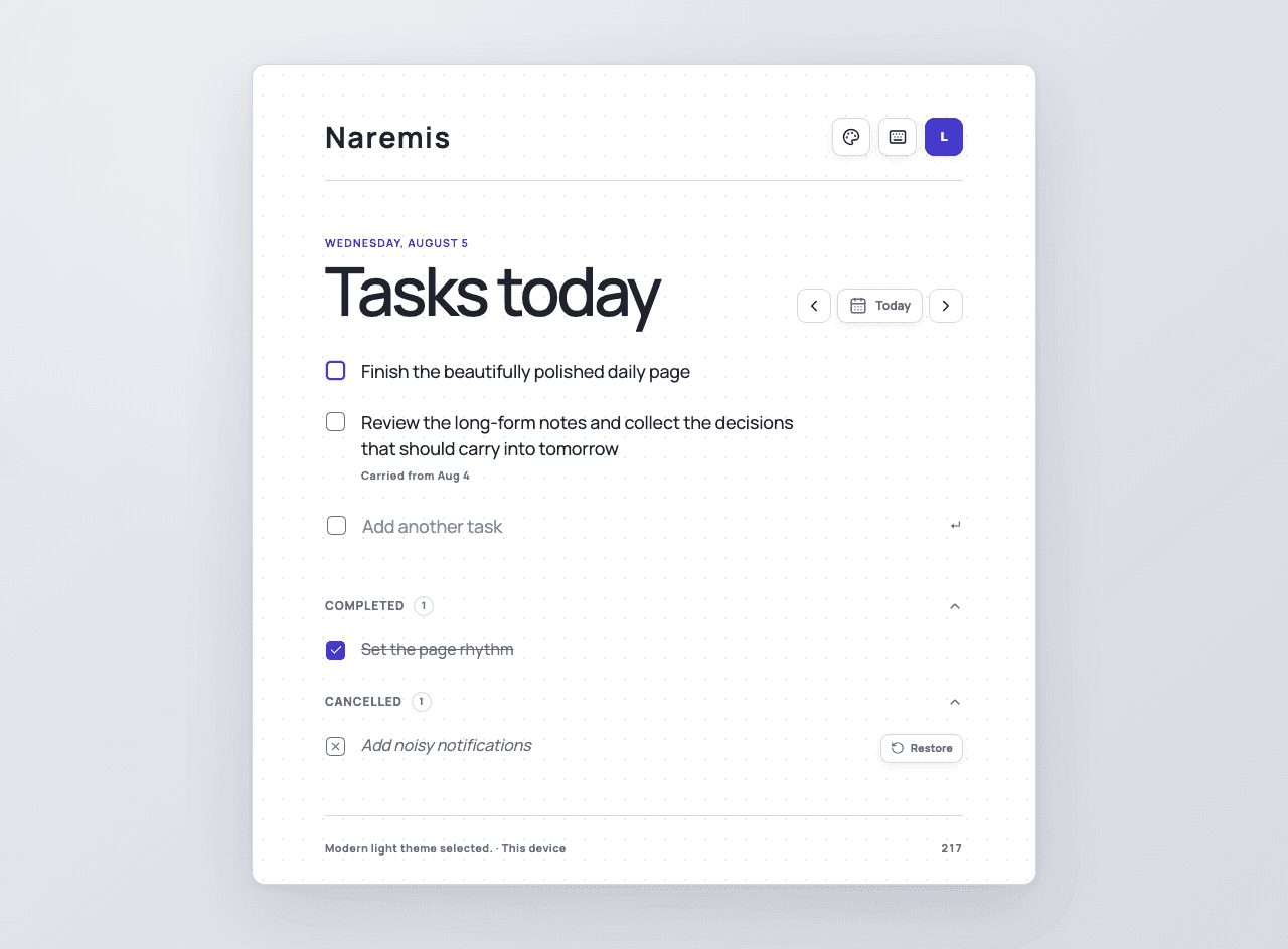 Naremis daily to-do list in the Modern Light theme