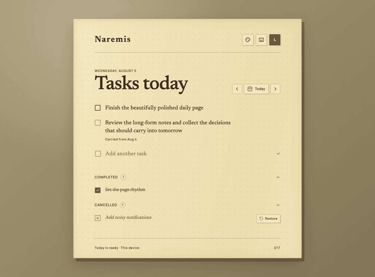 Naremis Vintage Paper daily to-do list showing active, completed, and cancelled tasks