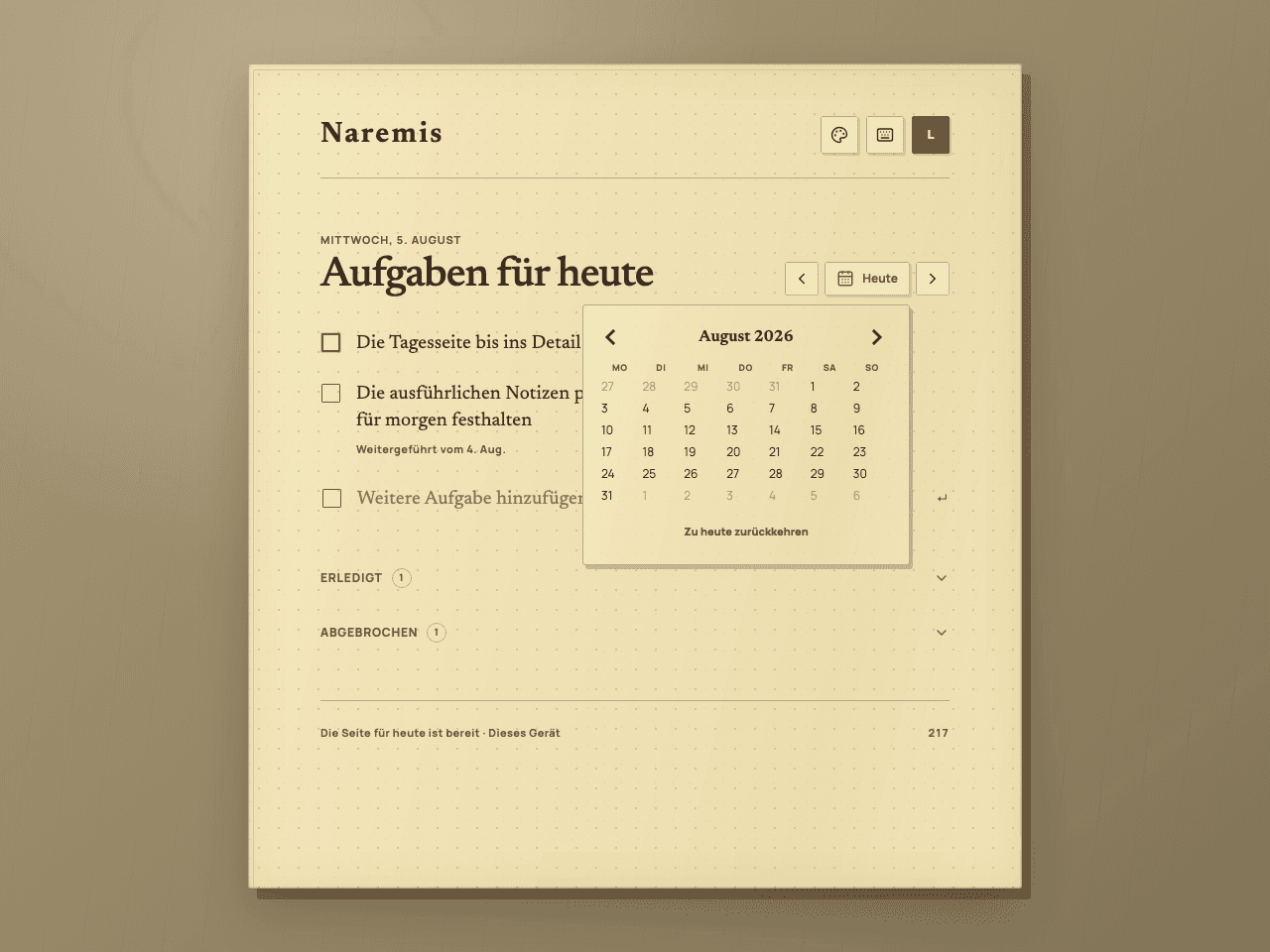 Naremis Notizbuch für tägliche Aufgaben mit geöffnetem Kalender