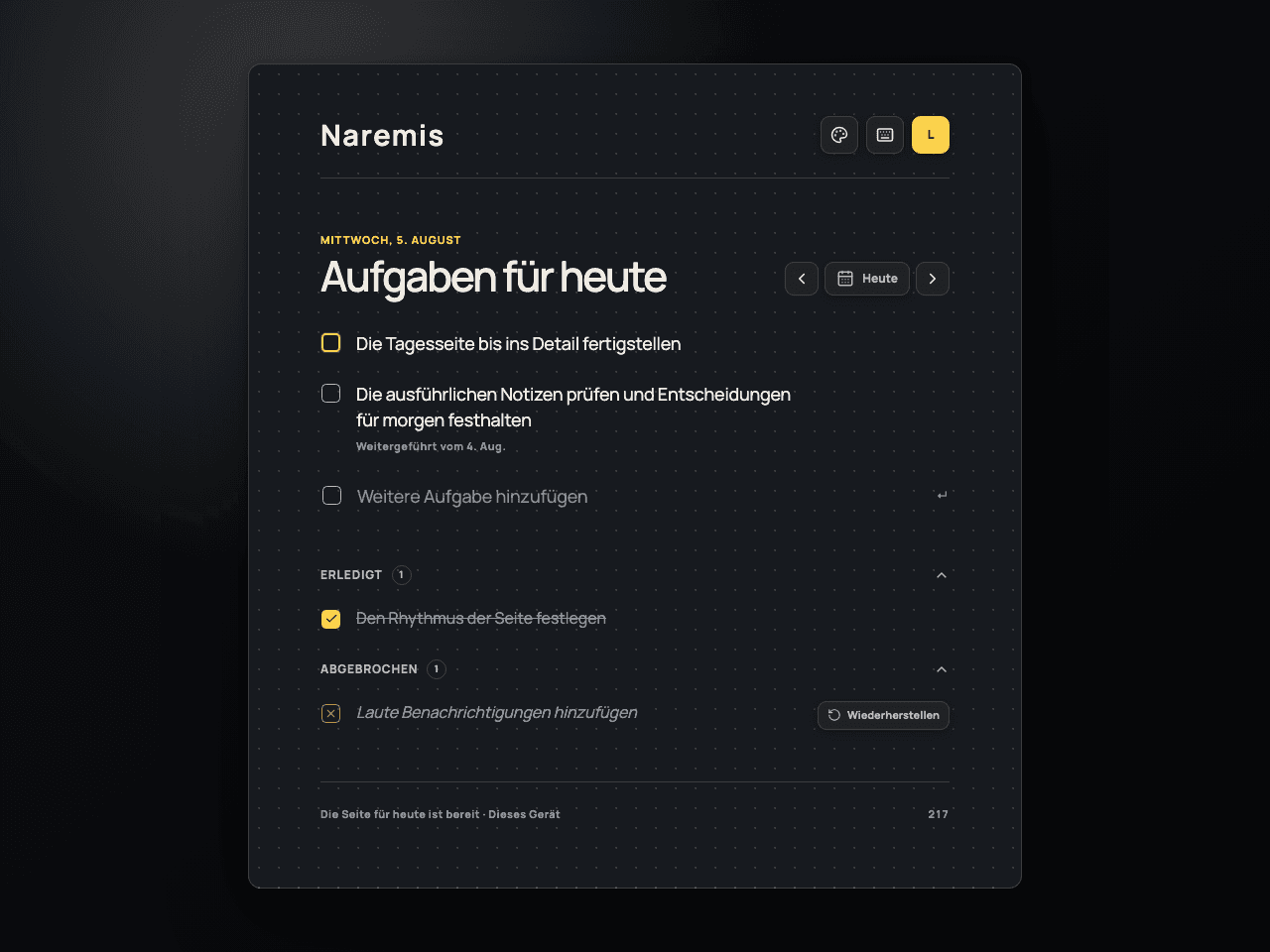 Naremis tägliche To-Do-Liste im Modern Dark-Thema