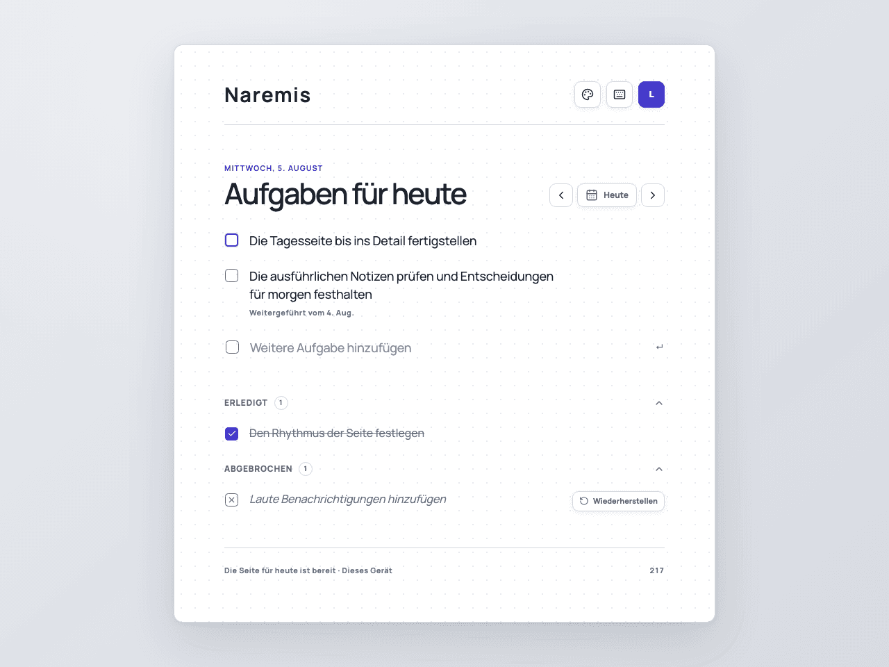 Naremis tägliche To-Do-Liste im Modern Light-Thema