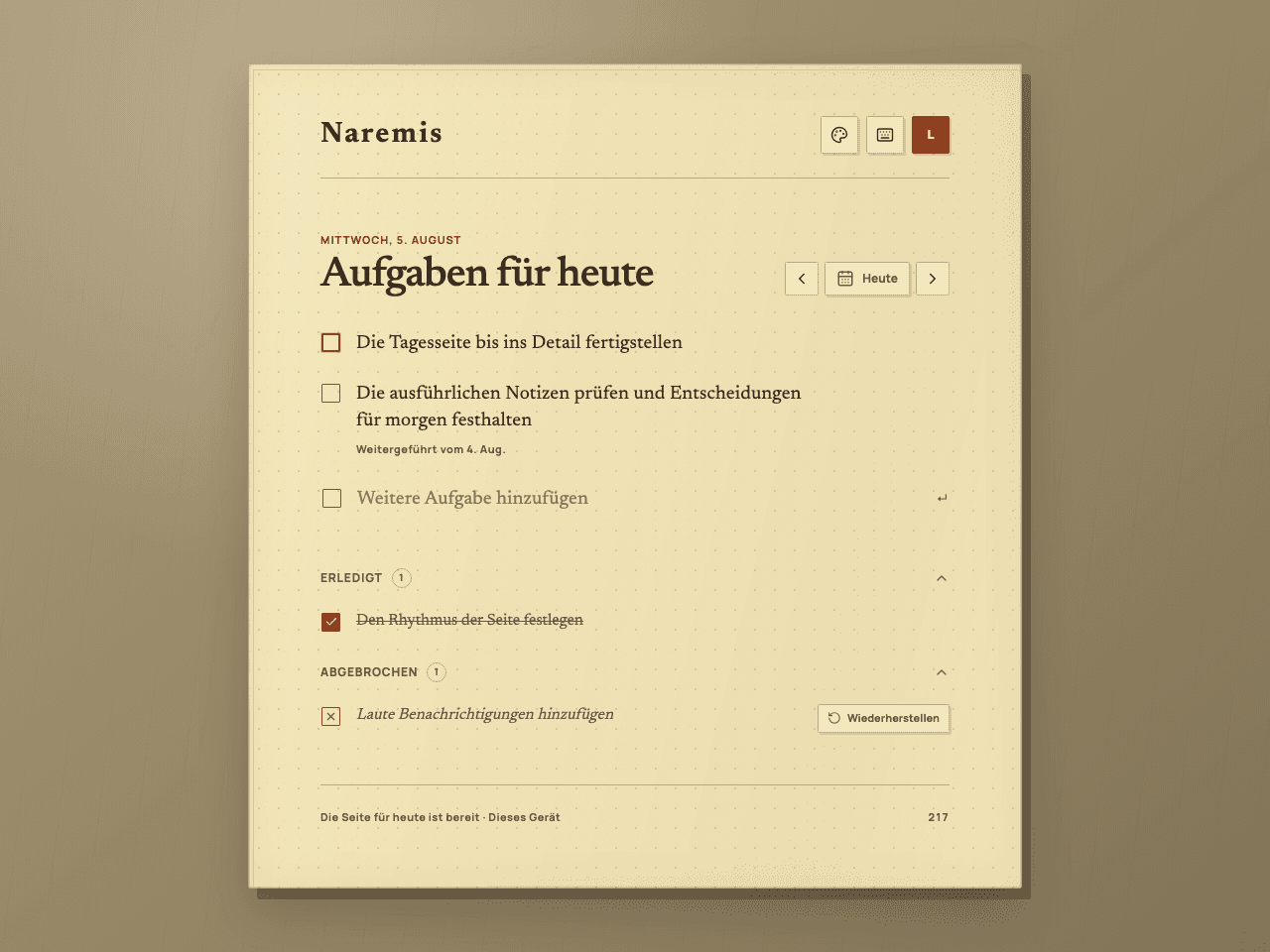Naremis Vintage Paper tägliche To-Do-Liste mit aktiven, abgeschlossenen und abgebrochenen Aufgaben