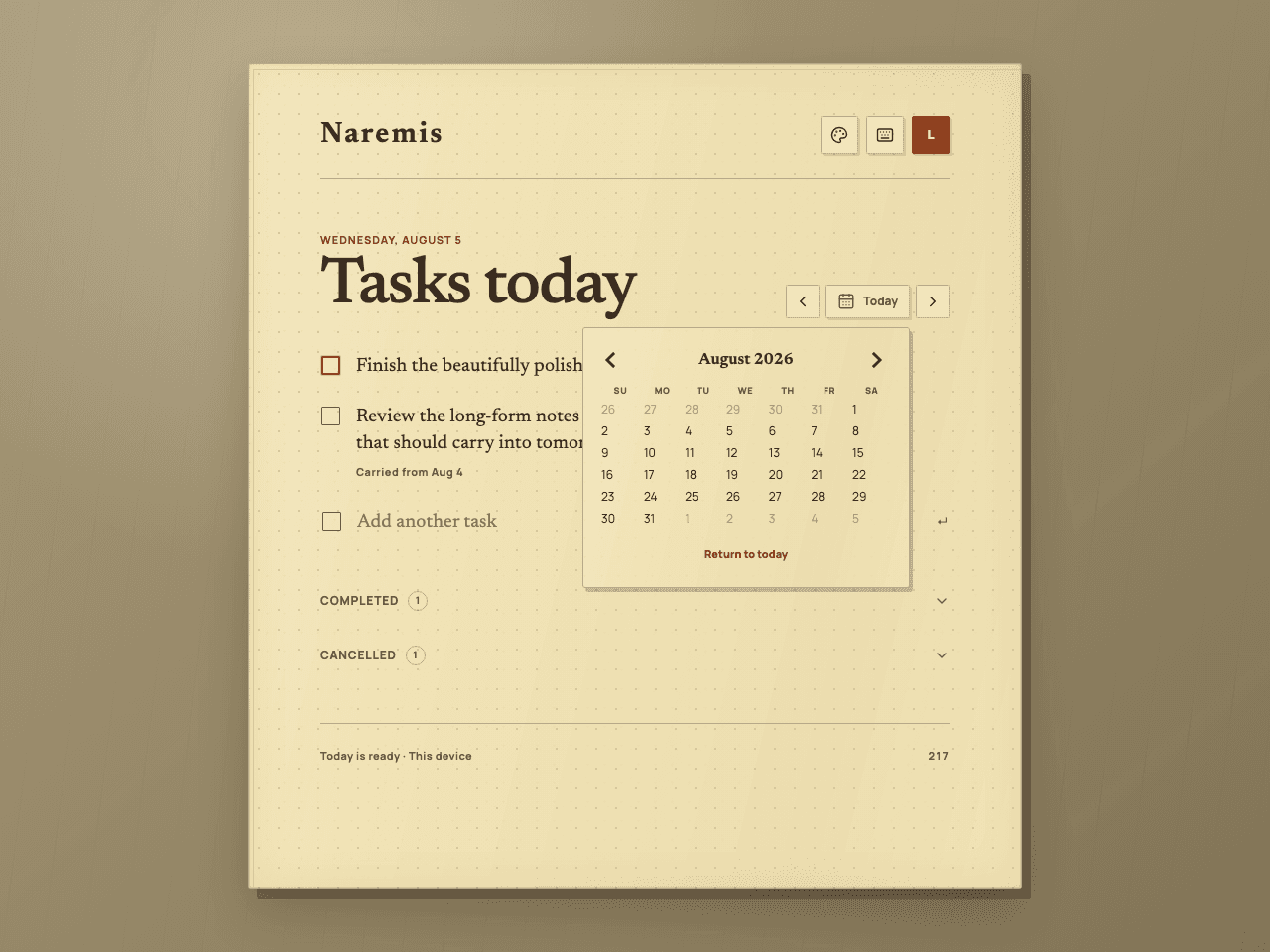 Naremis daily task notebook with its calendar open