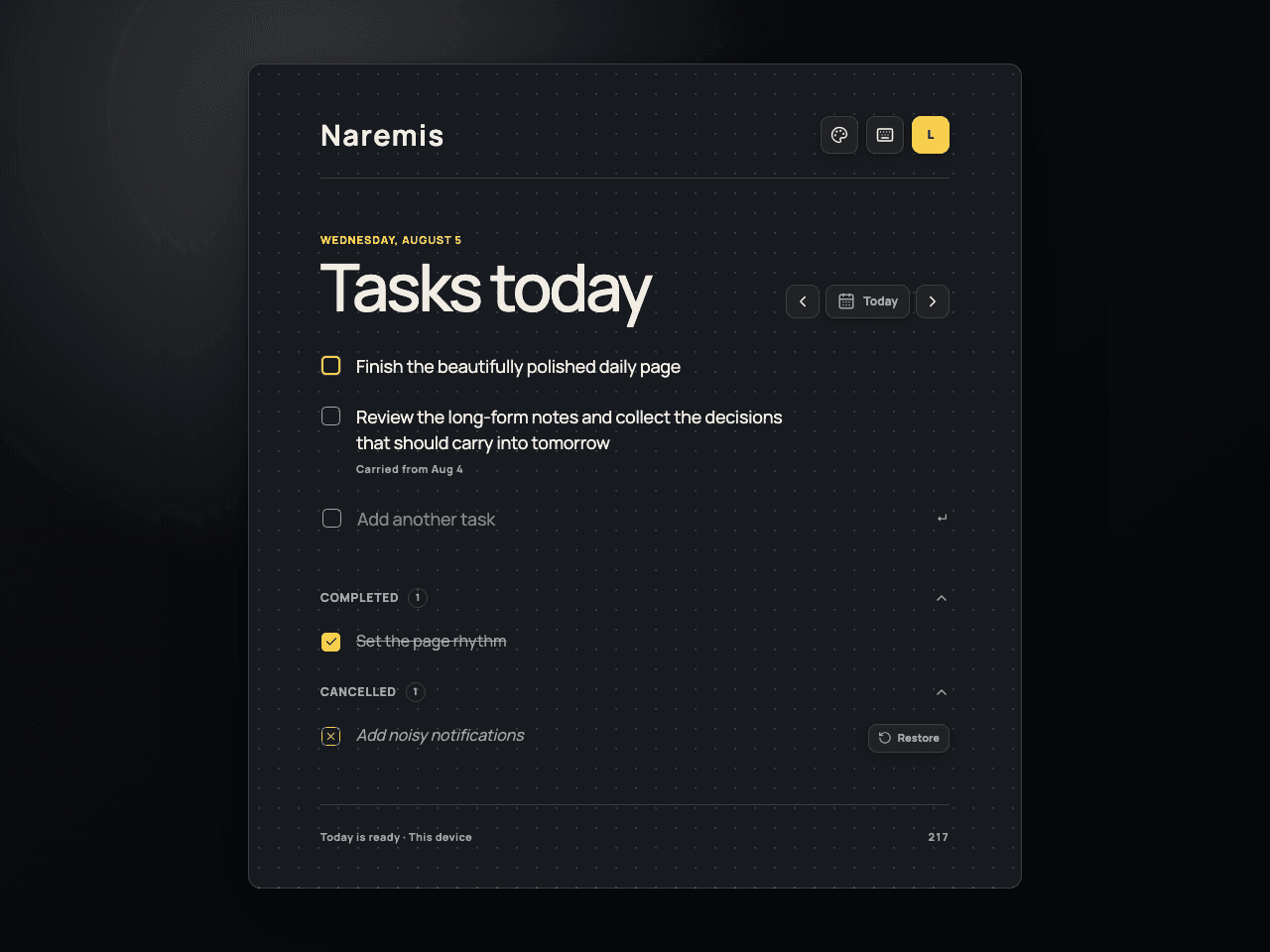 Naremis daily to-do list in the Modern Dark theme