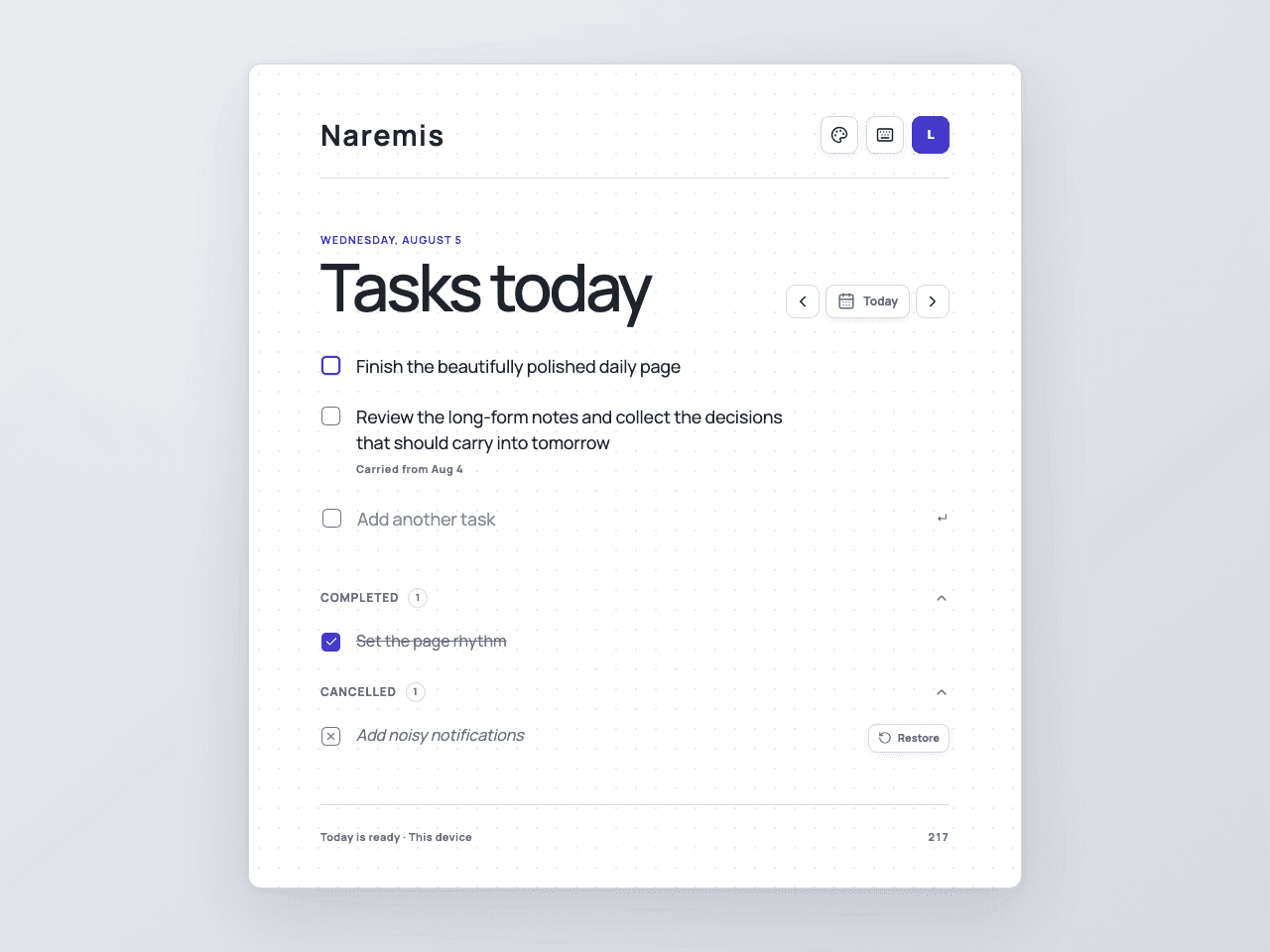 Naremis daily to-do list in the Modern Light theme