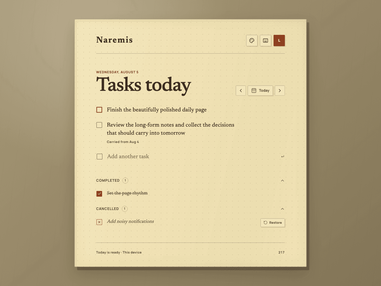 Naremis Vintage Paper daily to-do list showing active, completed, and cancelled tasks