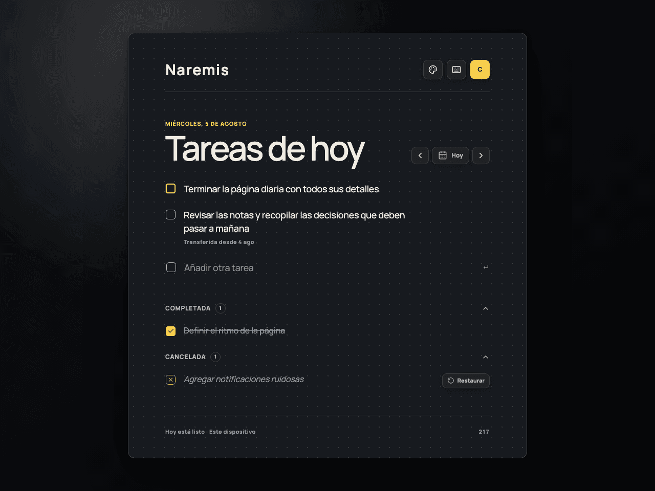 Lista de tareas diarias Naremis en el tema Modern Dark