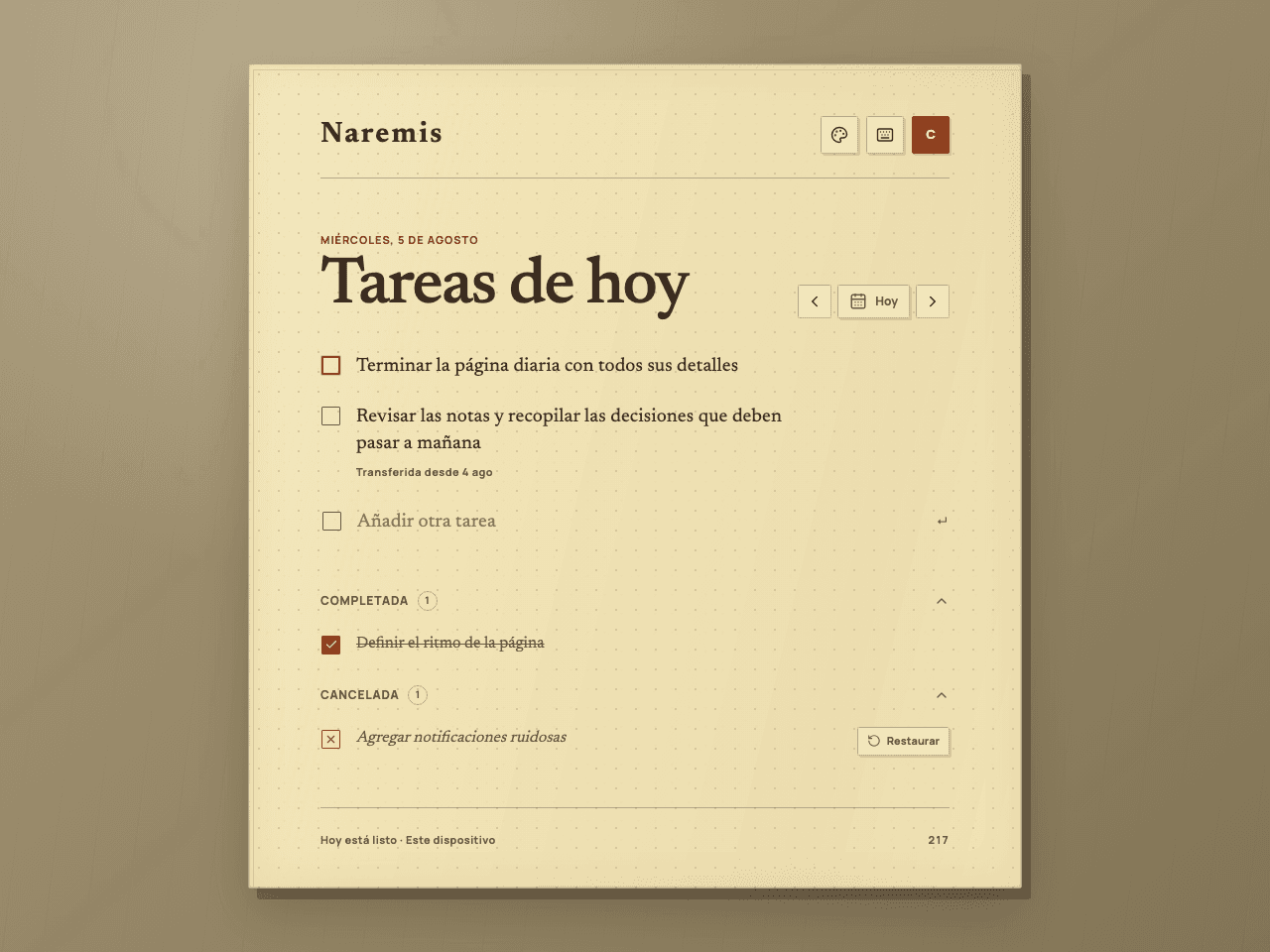 Naremis Lista de tareas diarias de Vintage Paper que muestra tareas activas, completadas y canceladas
