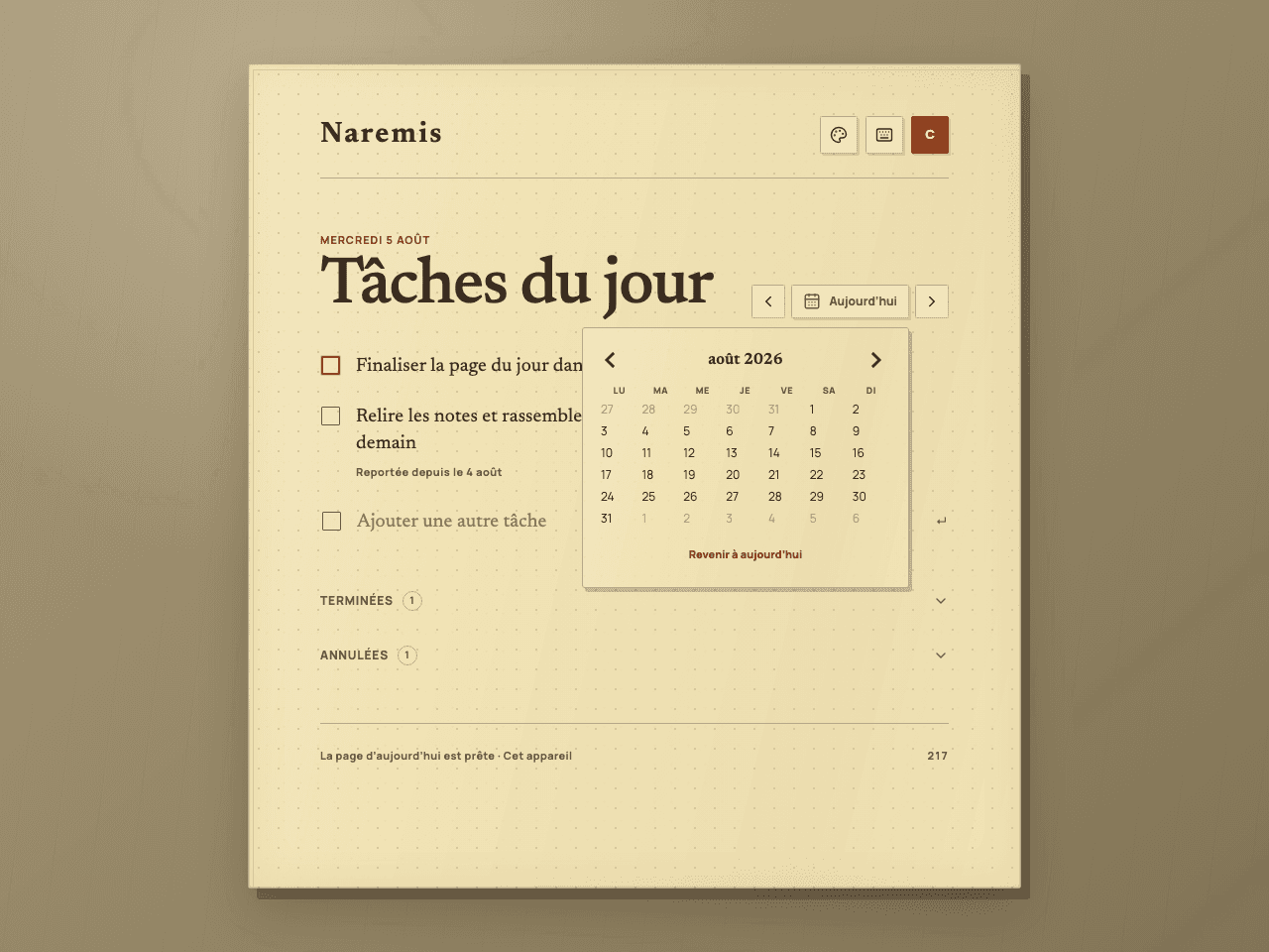 Carnet de tâches quotidiennes Naremis avec son calendrier ouvert