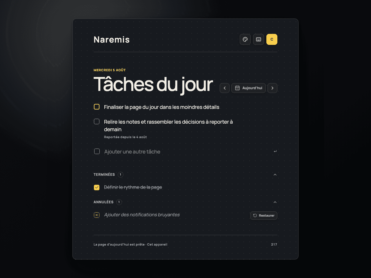 Liste de tâches quotidiennes Naremis dans le thème Modern Dark