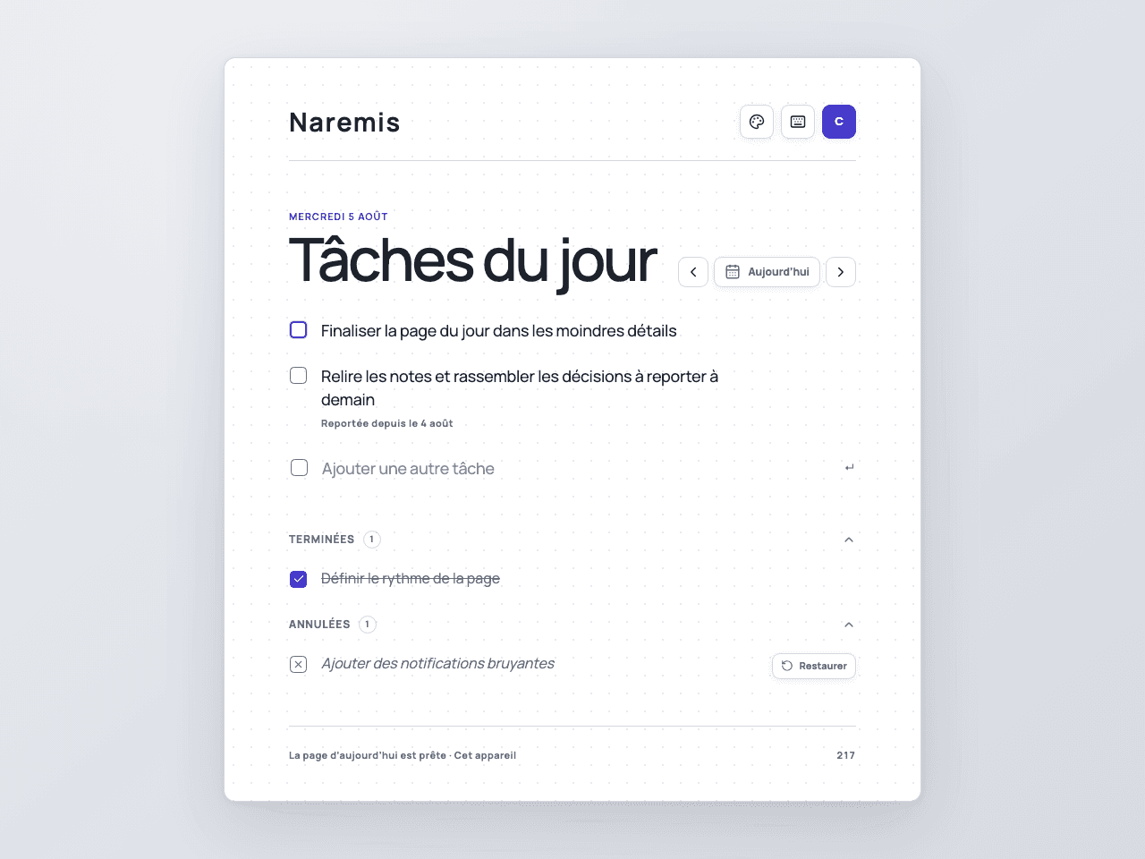 Liste de tâches quotidiennes Naremis dans le thème Modern Light