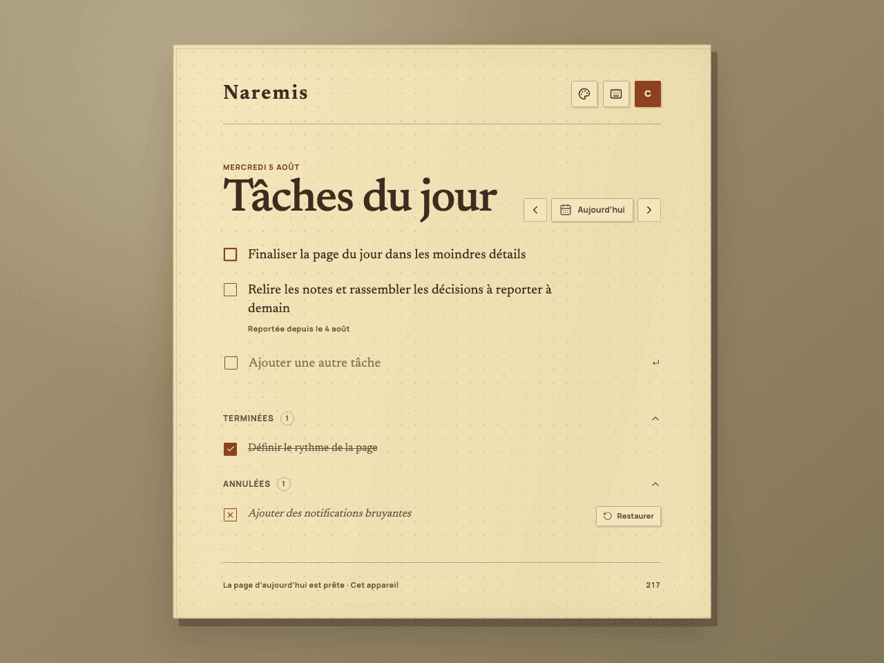 Liste de tâches quotidiennes Naremis Vintage Paper affichant les tâches actives, terminées et annulées