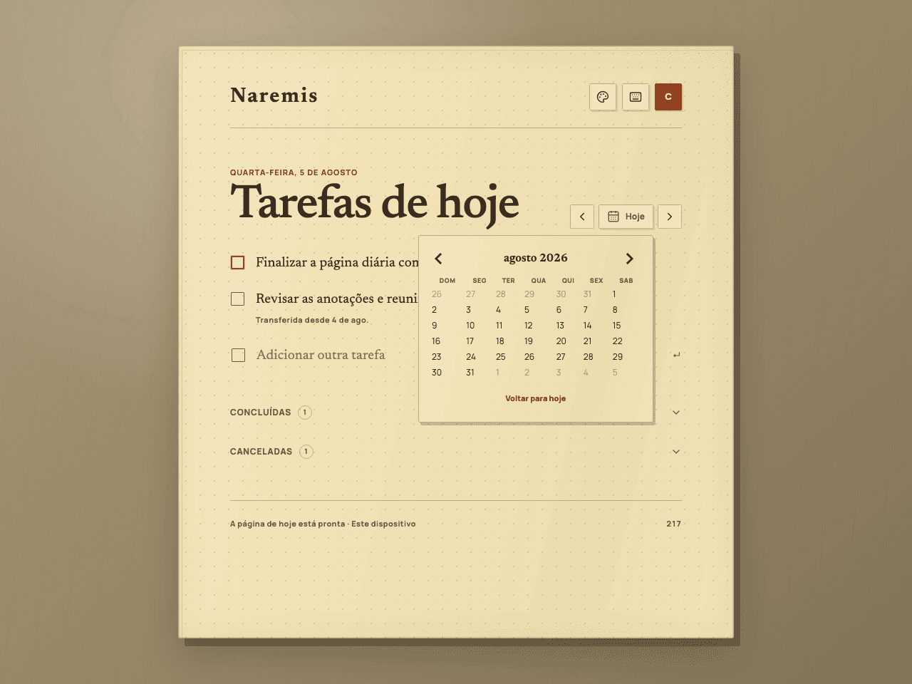 Caderno de tarefas diárias Naremis com calendário aberto