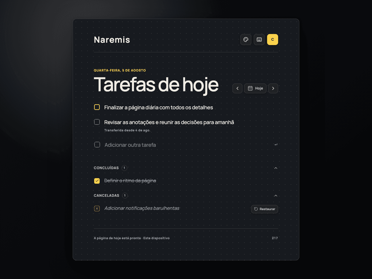 Lista de tarefas diárias Naremis no tema Modern Dark