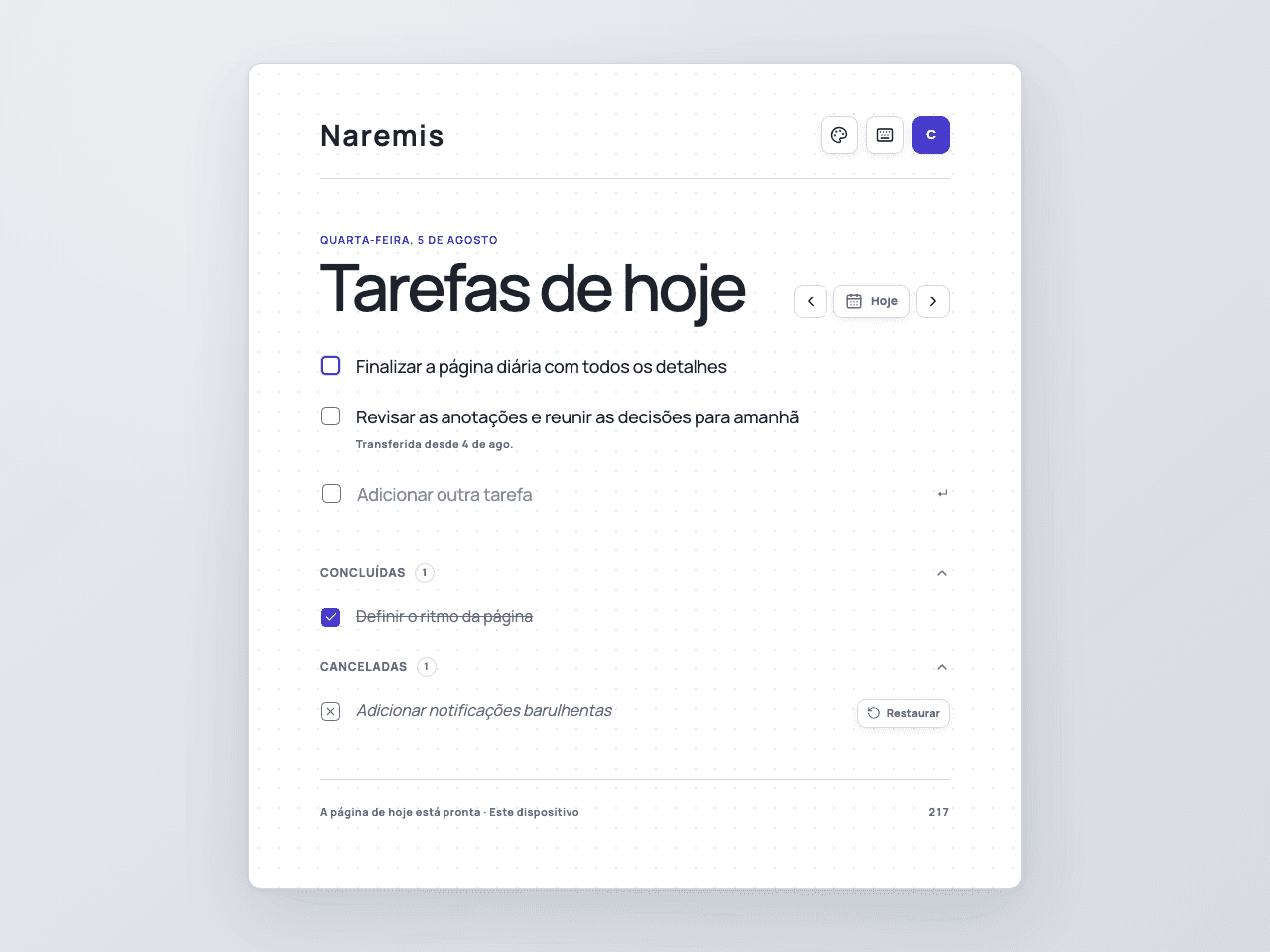 Lista de tarefas diárias Naremis no tema Modern Light