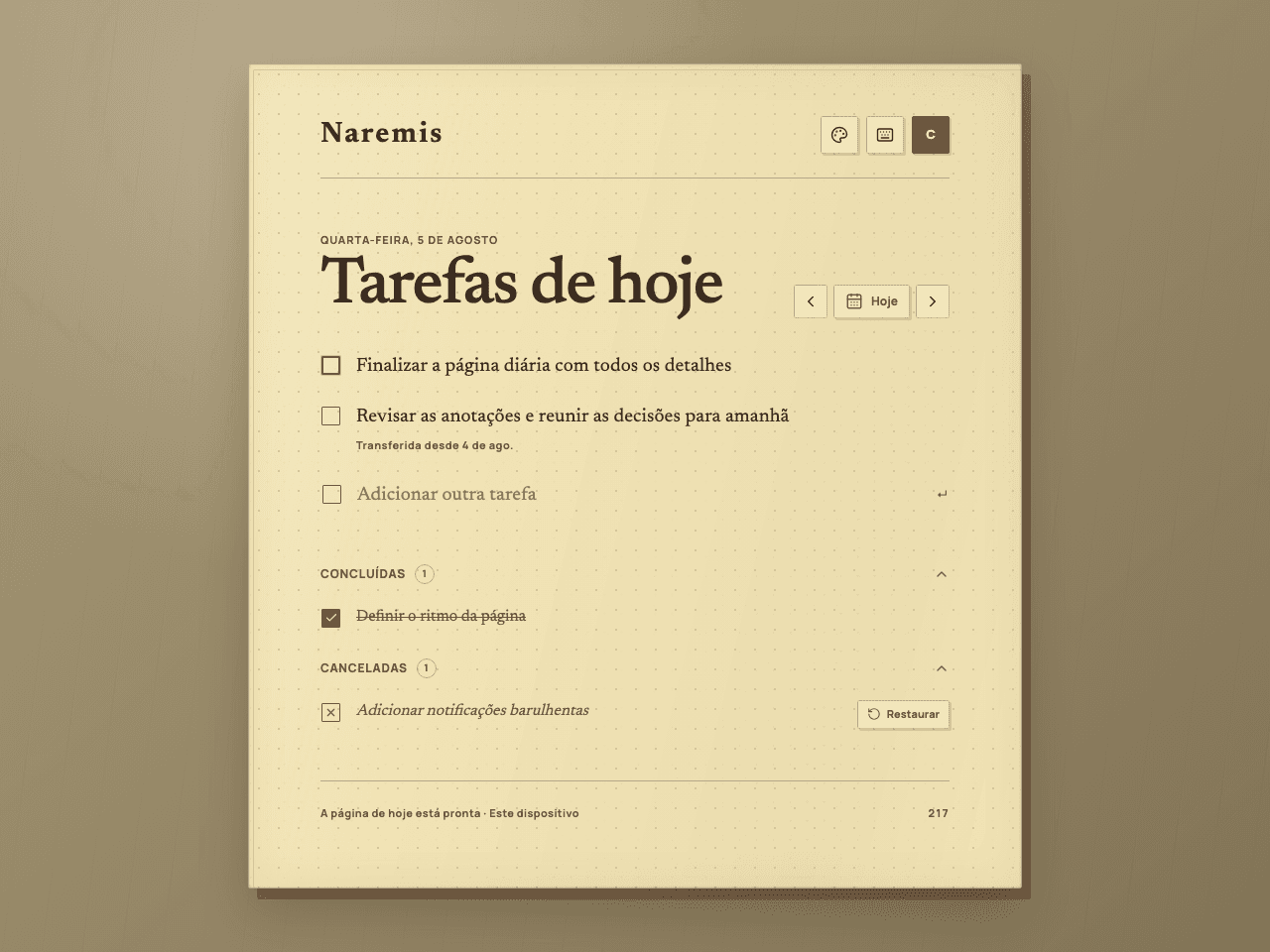 Lista de tarefas diárias do Naremis Vintage Paper mostrando tarefas ativas, concluídas e canceladas