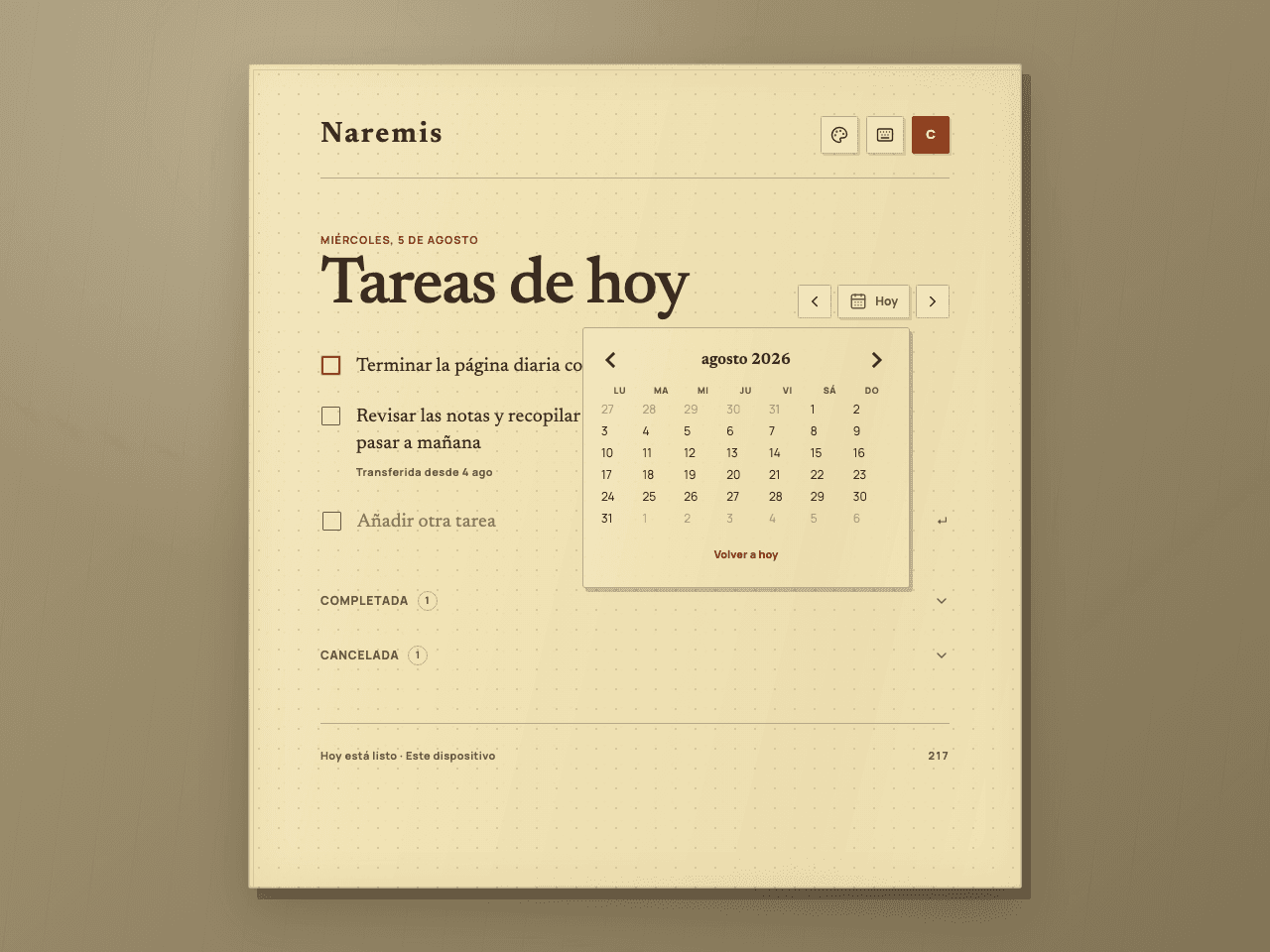 Cuaderno de tareas diarias Naremis con su calendario abierto