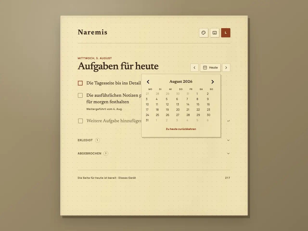 Naremis Notizbuch für tägliche Aufgaben mit geöffnetem Kalender