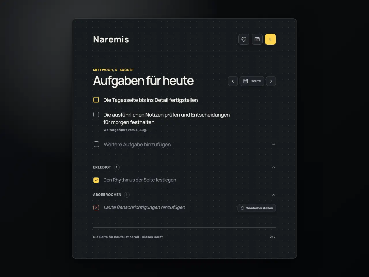 Naremis tägliche To-Do-Liste im Modern Dark-Thema