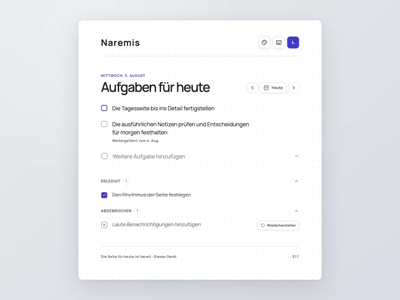 Naremis tägliche To-Do-Liste im Modern Light-Thema