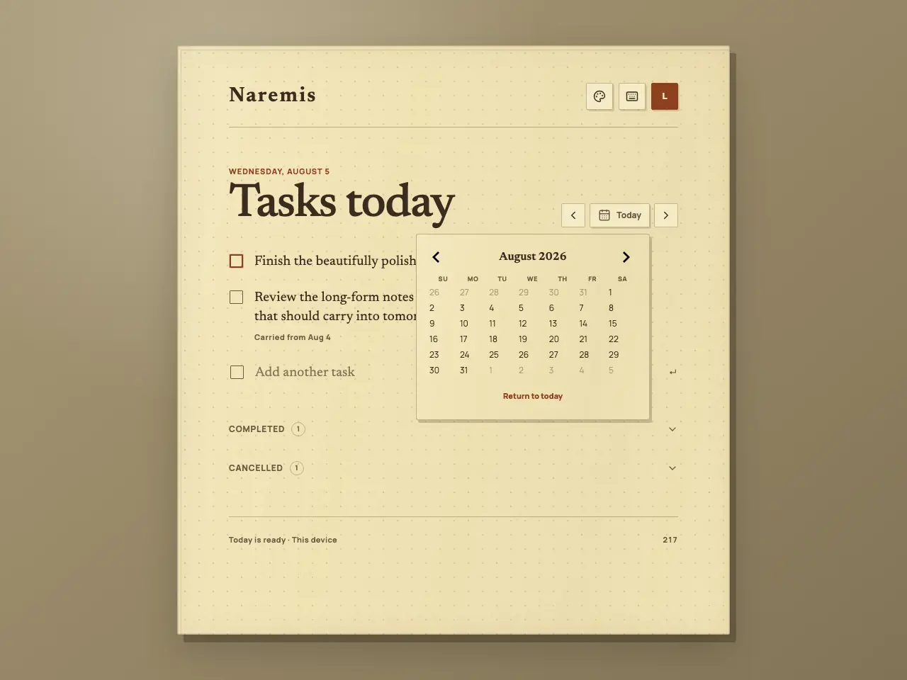 Naremis daily task notebook with its calendar open
