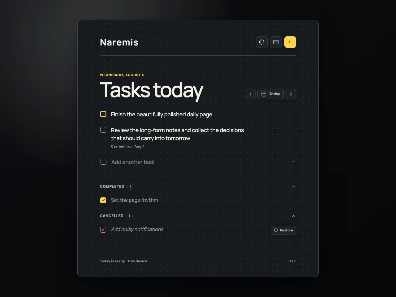 Naremis daily to-do list in the Modern Dark theme