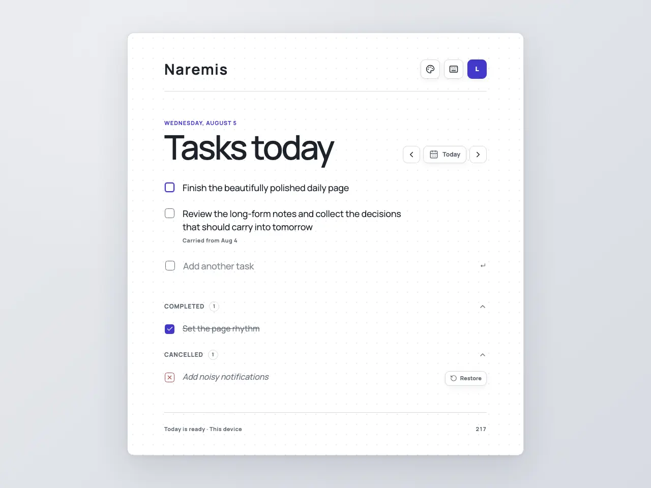 Naremis daily to-do list in the Modern Light theme