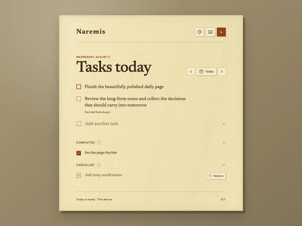 Naremis Vintage Paper daily to-do list showing active, completed, and cancelled tasks