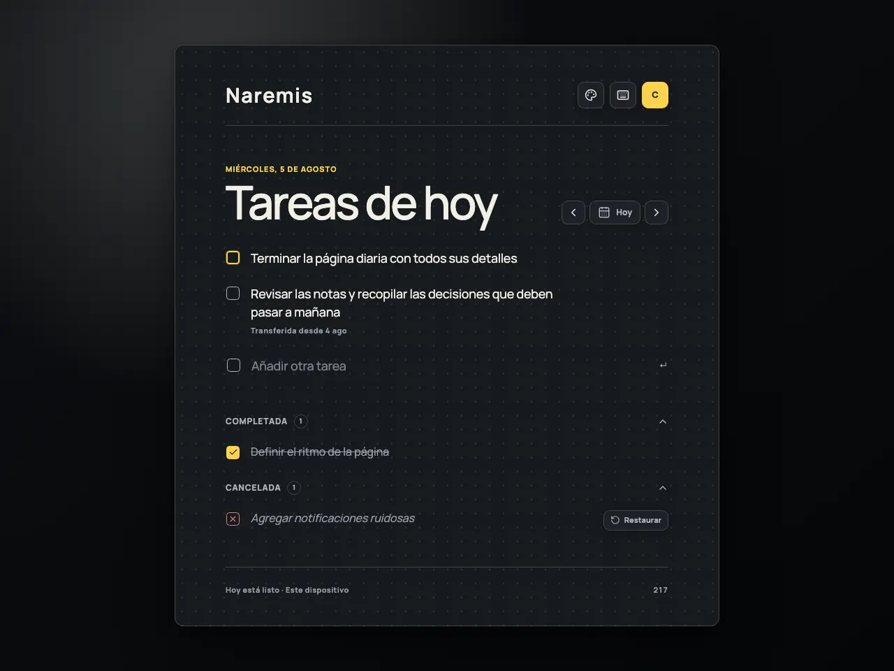 Lista de tareas diarias Naremis en el tema Modern Dark
