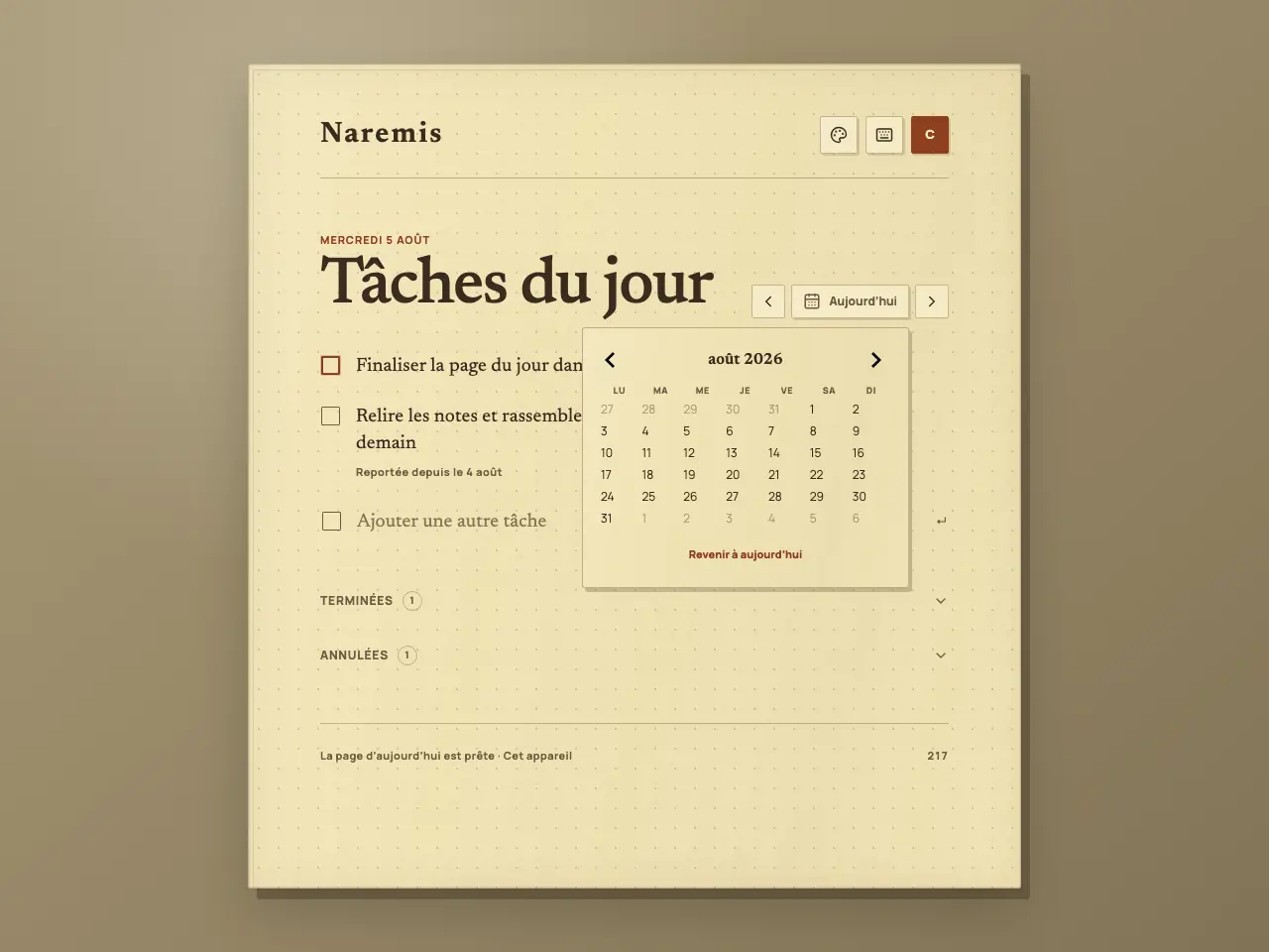 Carnet de tâches quotidiennes Naremis avec son calendrier ouvert