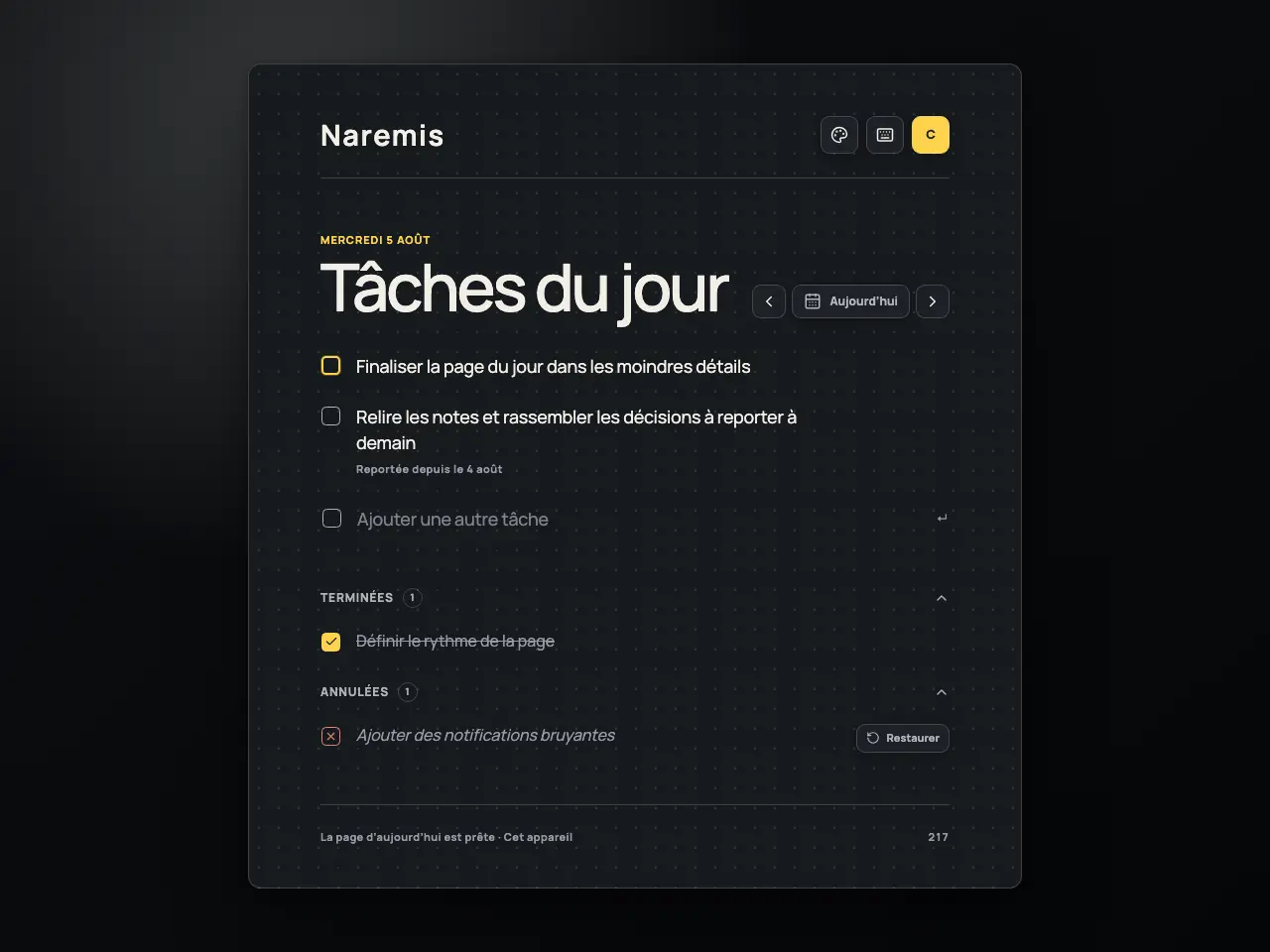 Liste de tâches quotidiennes Naremis dans le thème Modern Dark