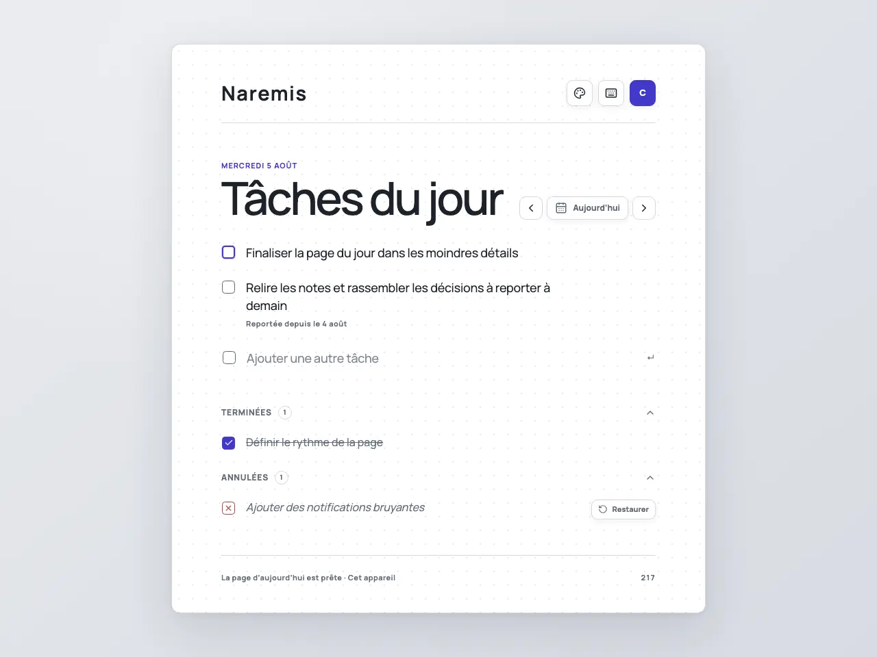 Liste de tâches quotidiennes Naremis dans le thème Modern Light