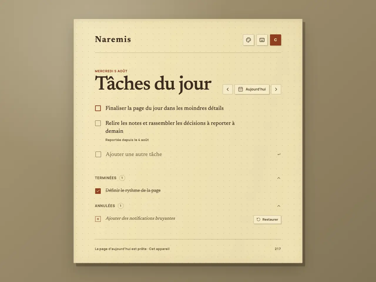 Liste de tâches quotidiennes Naremis Vintage Paper affichant les tâches actives, terminées et annulées