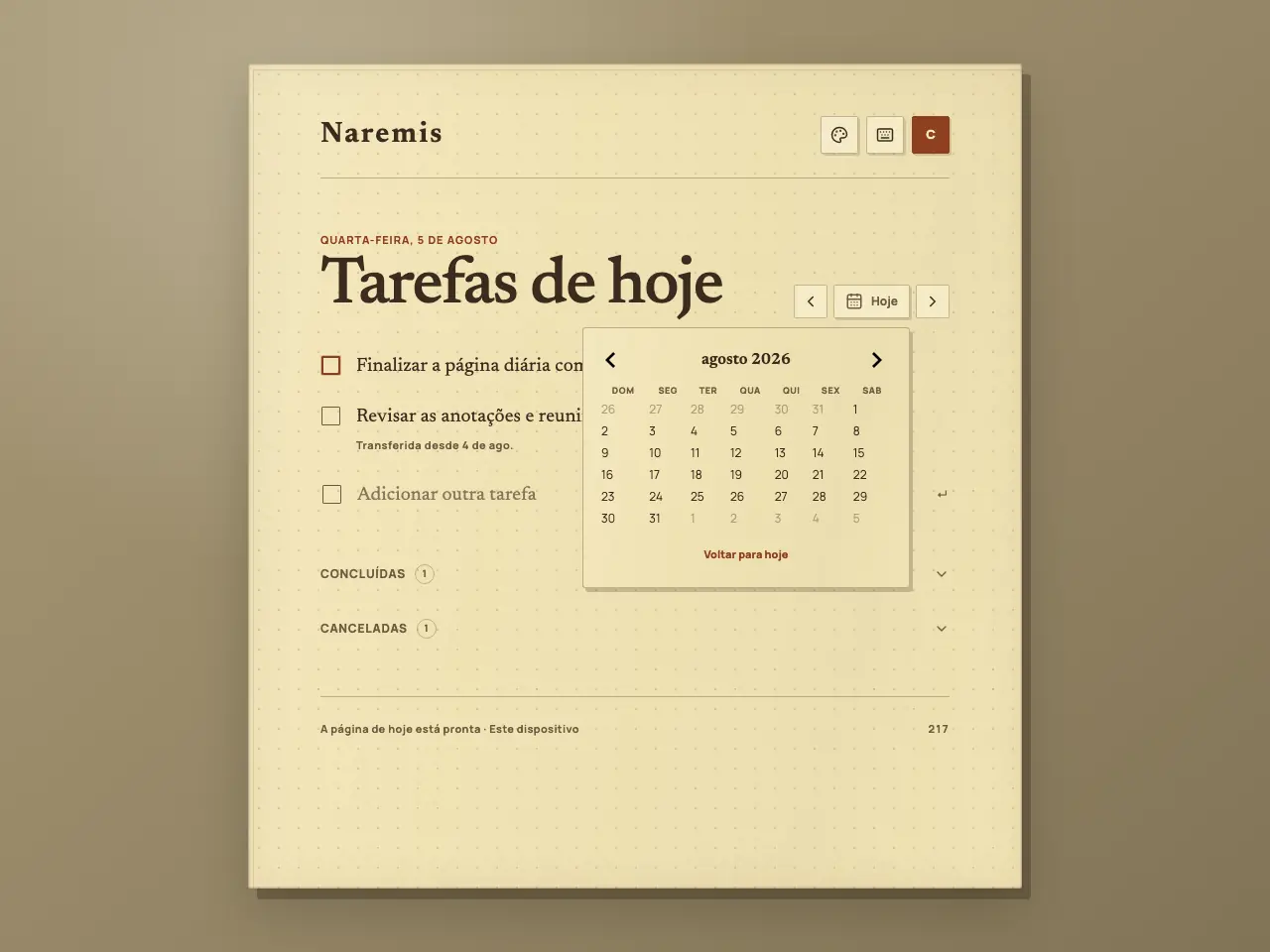 Caderno de tarefas diárias Naremis com calendário aberto