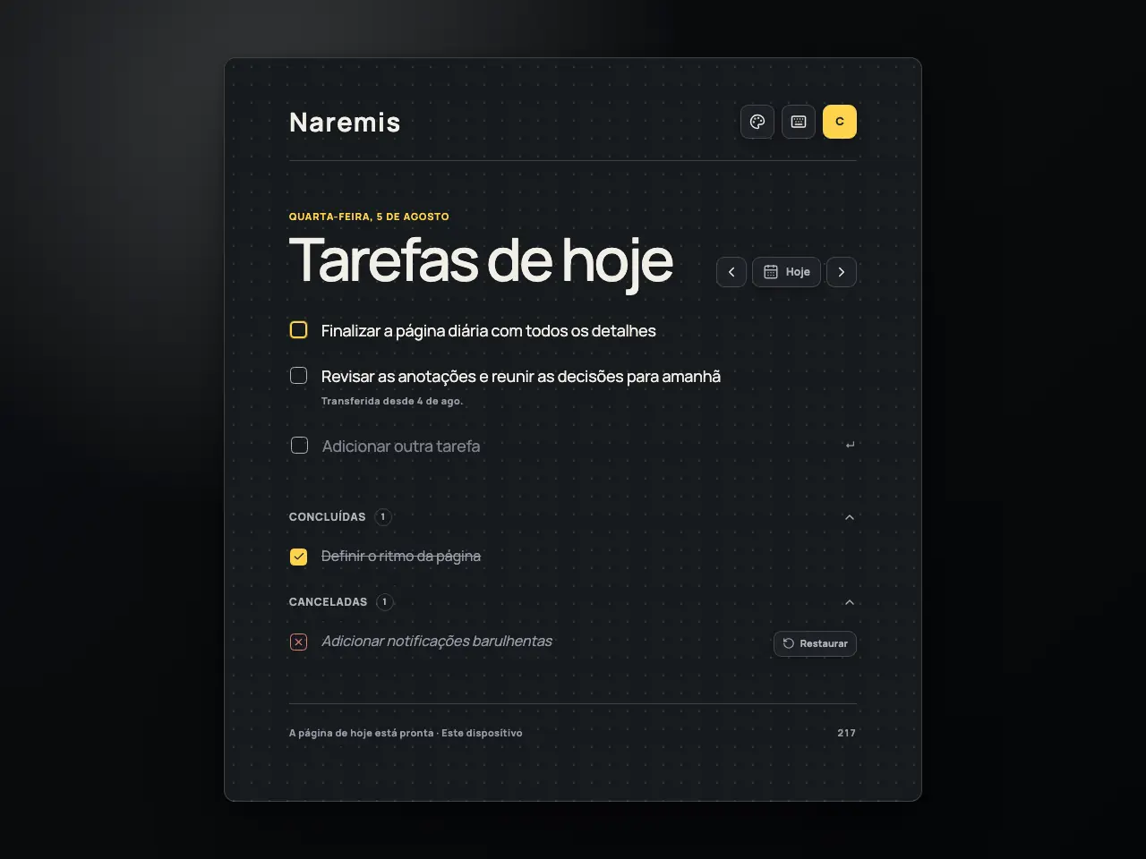 Lista de tarefas diárias Naremis no tema Modern Dark