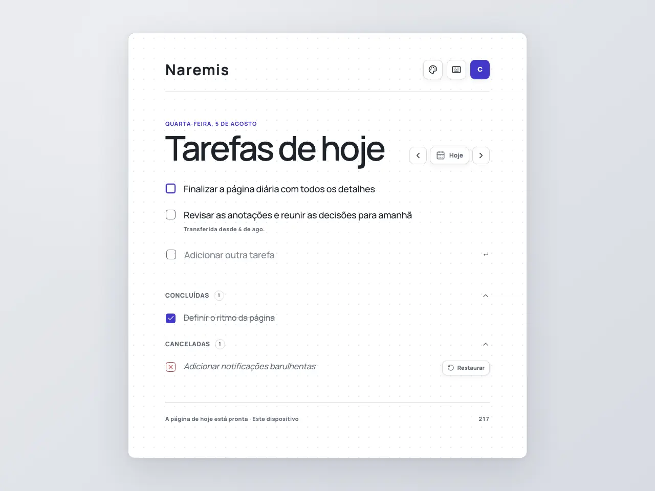 Lista de tarefas diárias Naremis no tema Modern Light